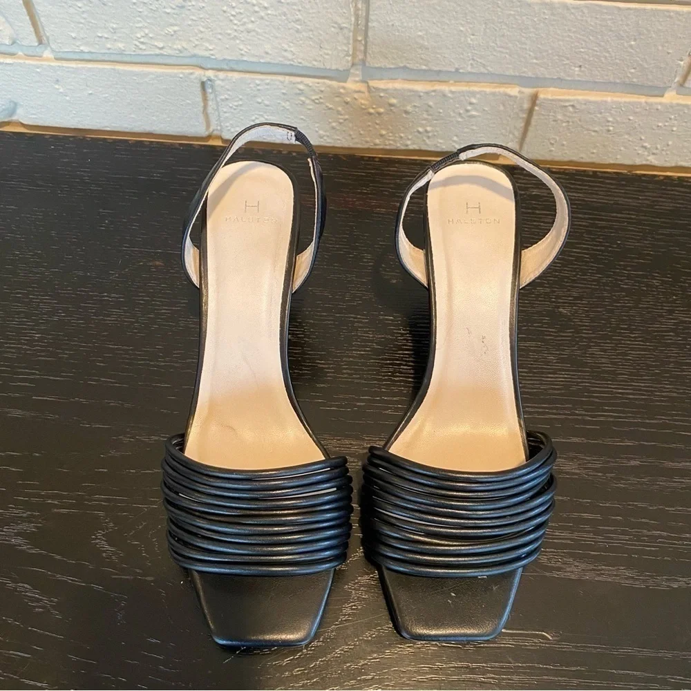 H Halston Hong Kong Sling Back Leather Heels Sandals Shoes BLACK 8.5 Square Toe